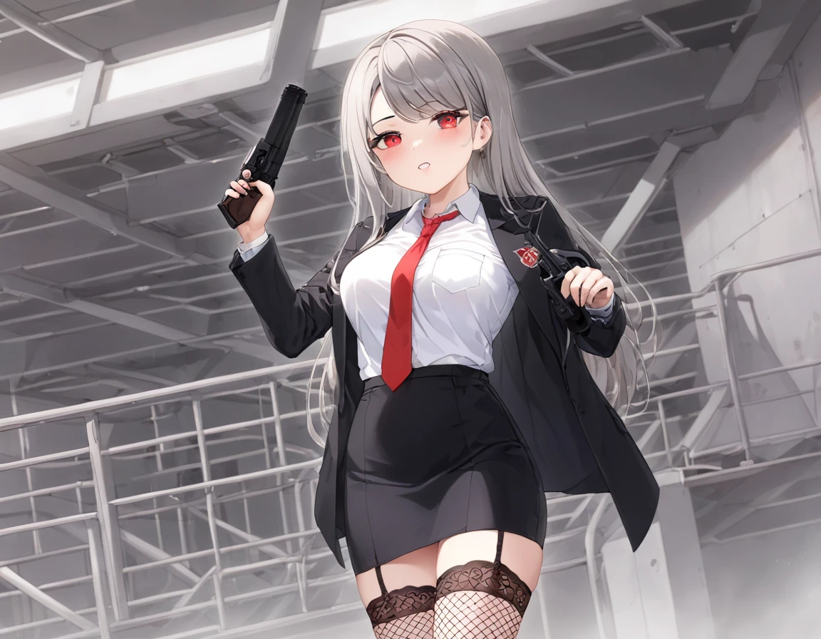 A shot fired from a pistol into the chest of a gentleman in a black suit.、A large amount of fresh red blood overflowing from the chest、fire a handgun、She lifts her skirt with both hands、Showing off cute white underwear.、Black garter belt、Black rough fishnet stockings、Plain white shirt with a red tie、Standing posture、Abandoned Factory