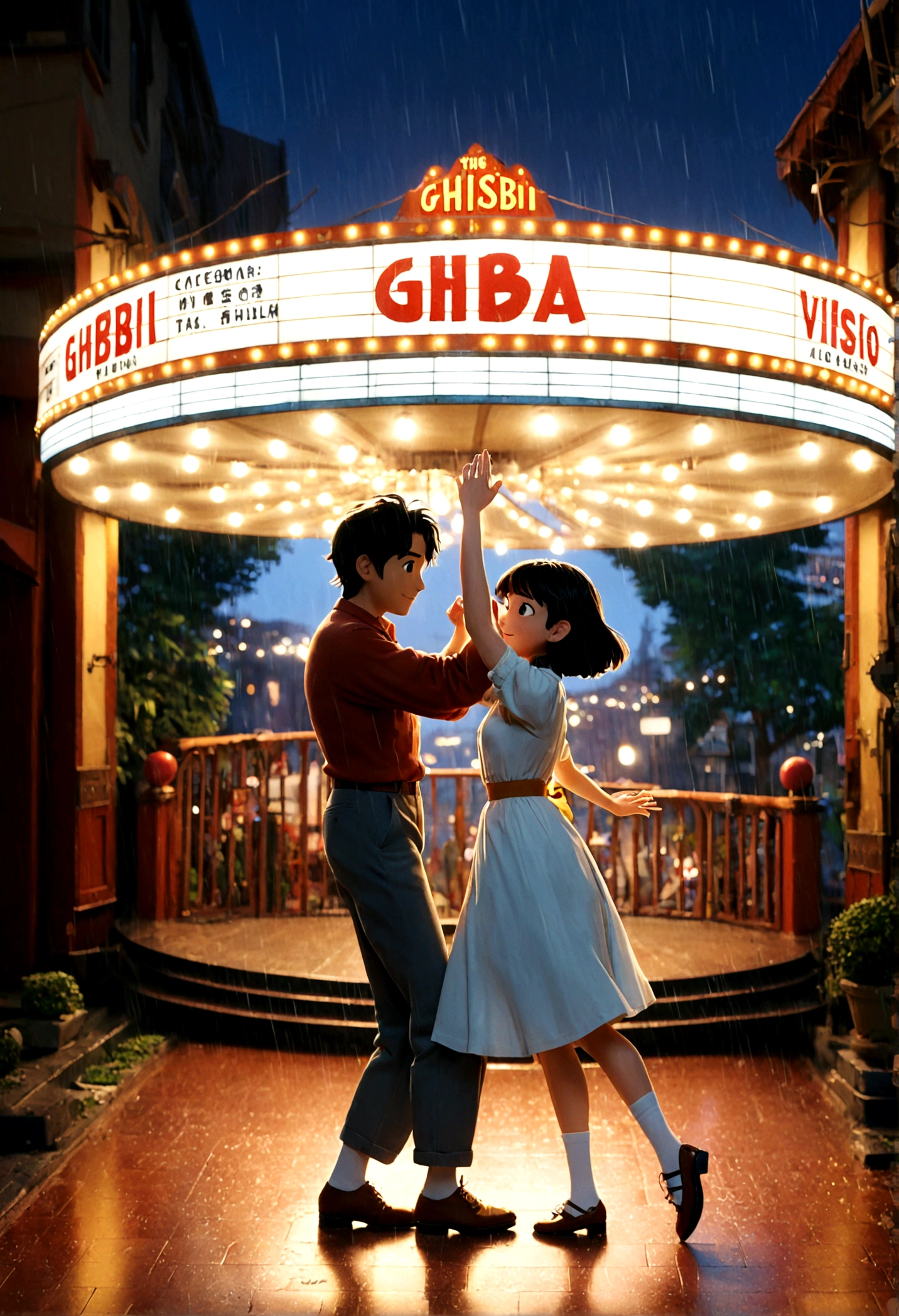 (Ghibli style, Dancing in the Rain), a couple dances under the rain canopy of an old cinema, wearing vintage dance costumes surrounded by vintage posters and dim street lights. The lights fall on them, creating a warm scene. The background is a presentation of an old movie, and the camera is a panoramic view, full body, (anime style illustration), panoramic view, award-winning, cinematic still, emotional, vignette, dynamic, vivid, (masterpiece, best quality, Professional, perfect composition, very aesthetic, absurdres, ultra-detailed, intricate details:1.3)