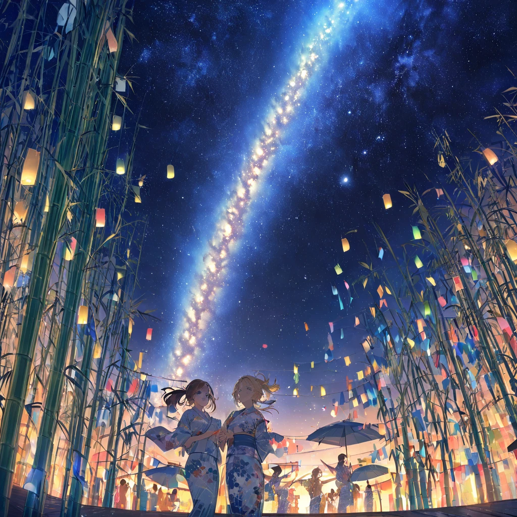 Highest quality, masterpiece, The girl who grants wishes,blonde,blue eyes,Double exposure, The best smile, Look up at the sky, yukata, milky way, Night view, Tanabata Festival, Large bamboo and colorful hanging ornaments,Golden light particle effect、Japanese Events、Tanabata decoration、Bamboo、wish、ponytail、Brown Hair、Blue eyes