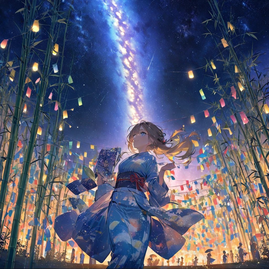 Highest quality, masterpiece, The girl who grants wishes,blonde,blue eyes,Double exposure, The best smile, Look up at the sky, yukata, milky way, Night view, Tanabata Festival, Large bamboo and colorful hanging ornaments,Golden light particle effect、Japanese Events、Tanabata decoration、Bamboo、wish、ponytail、Brown Hair、Blue eyes