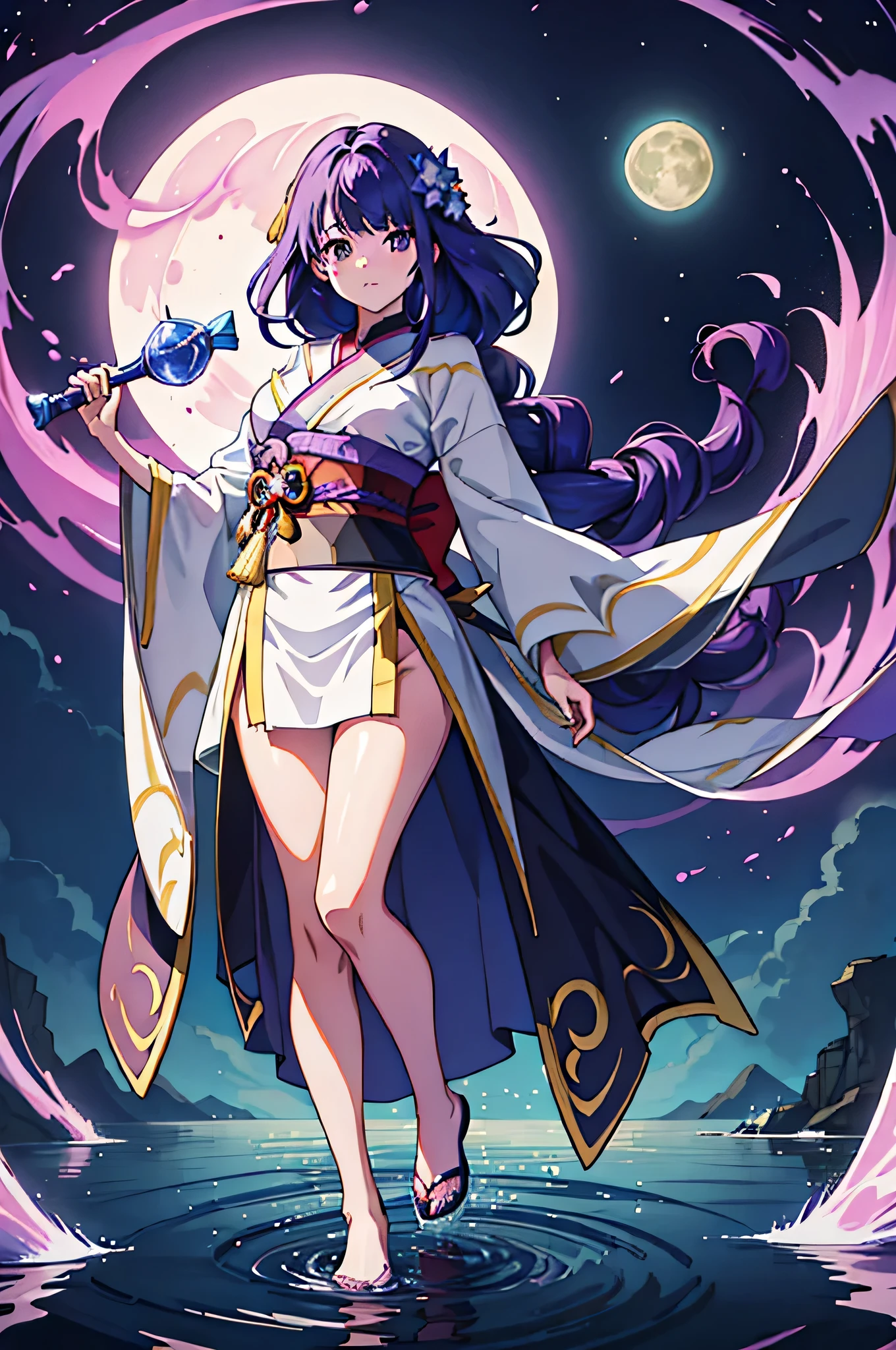 （Scene depicting a woman walking on the surface of a lake）Ripples spreading from the soles of the feet，The lake is very quiet，Like a mirror。She wore a kimono with her long purple hair bunched up，Show me her meaty legs。Her image is very anime-like，It's as if it's right in front of you，Eta、The picture is very clear，gives lightness、Ethereal feeling。Moonlit、high-level image quality、hightquality、masutepiece、Face Details、Big Moon、anime image、Anime style