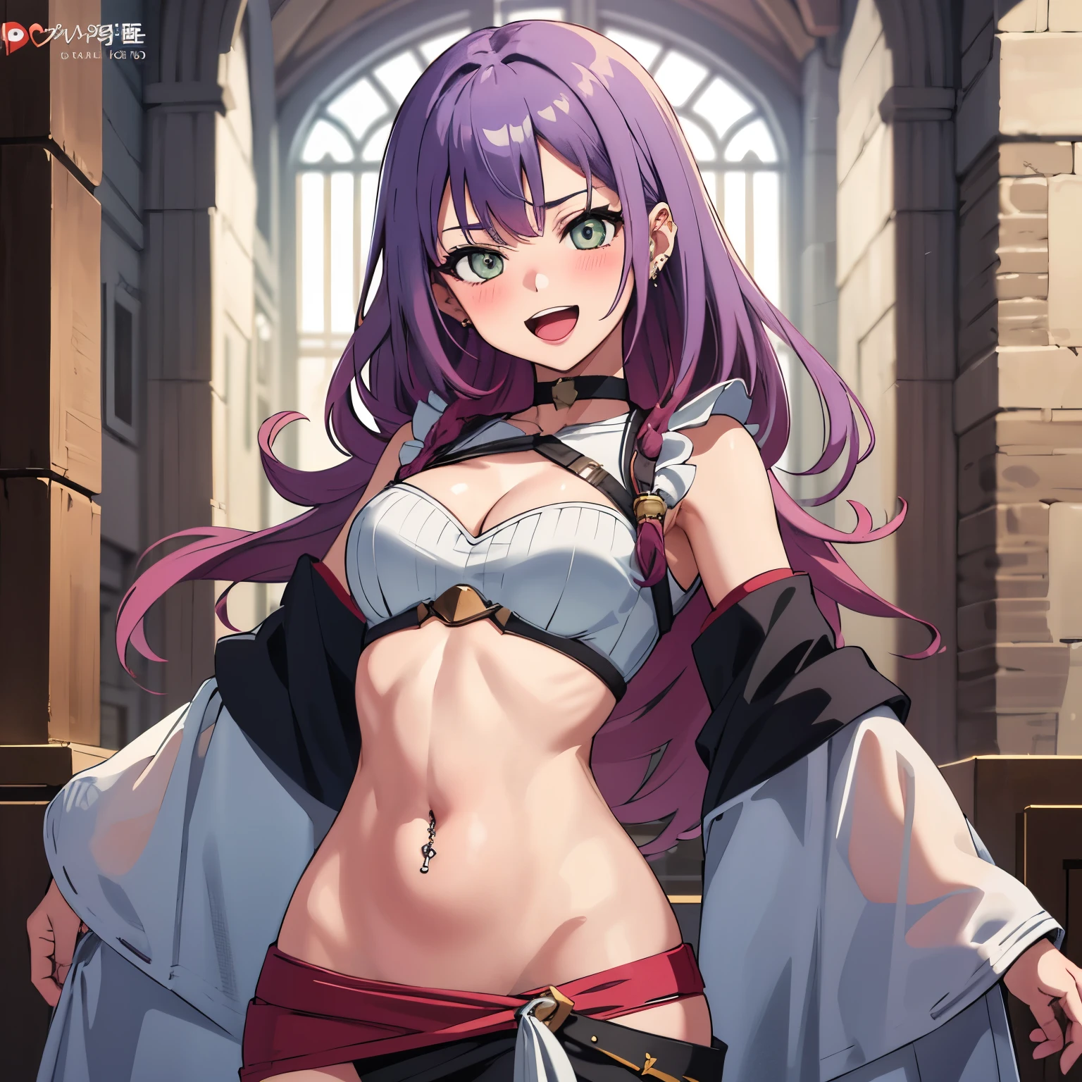 2girl, two girl, long hair, long hair, choker, ear piercing, navel piercing, blush, lipstick, masterpiece, best quality, highly detailed, fantasy , a anime girls in armored dress holding a sword
posing for a picture, evil smile, smile, open mouth, breastplate with open cleavage, cleavage, warrior
outfit, ecchi anime style, anime girls, ecchi style, (nsfw) not safe for work, ecchi, digital anime art!!, in
anime style, official artwork, visual novel cg, beautiful anime girl, anime style 4 k , loincloth, exposed
belly, exposed navel, exposed midriff, exposed lower belly, pencil skirt armored, castle,inside castle,