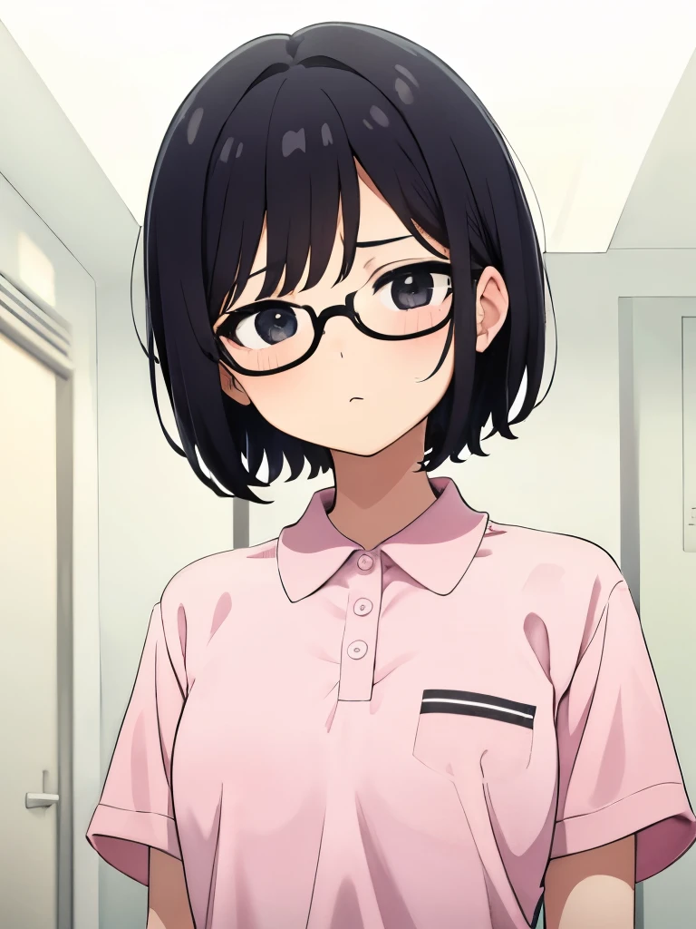 1. Beautiful girl in a pink polo shirt, short hair, Short sleeves, naked, small breasts, Beautiful fingers, Black Hair, black eye、hospital、Cute Embarrassing、High quality short sleeve glasses、Perfect hands, whole body, pussy being played with