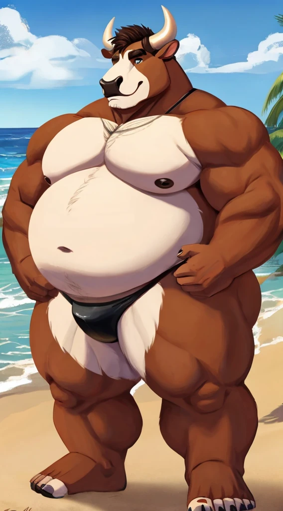 A big furry bull with a huge fluffy fat belly stands on the beach in a thong