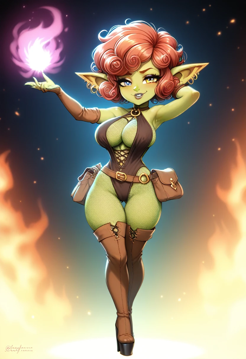 Girl, goblin girl, goblin, green skin, short, short stature,short hair, red hair, curly hair, large breasts, long gloves, thigh boots, pouty lips, masterpiece, best quality, sexy, dynamic pose, 8k, shortstack, sfw, shiny, fantasy, dungeons and dragons, high heels, fishnets, holding, dark green skin, adventurer, slutty pose, sorcerer, sorceress, pyromancer, fire, magic, long detailed slutty colorful dress, thigh pouch, very curly hair, lots of belts, curly hairstyle, lipstick, rosy cheeks, smile, eyeshadow, eye liner