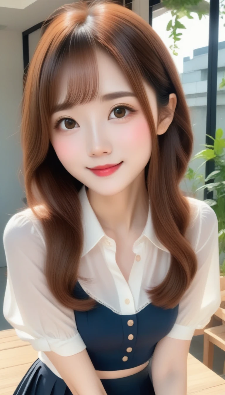 blush a little and smile, (Top quality masterpiece:1.2) Delicate illustrations, Very detailed, /Beautiful woman in her 30s Japan、1 person,Very cute and slim、Great style 、((8K images、super high quality))、Very delicate face, Skin and Hair、beautifule forehead、Red lipstick、Long Hair,(((((Shortcuts、Gradient Hair、Brown Hair))))),Very cute Japanese cut face、Eyes and nose are clearly visible、Kind eyes,(((White blouse、Tight Skirt))),