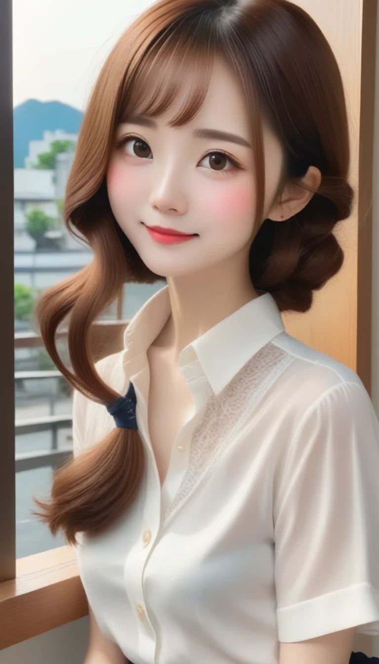 blush a little and smile, (Top quality masterpiece:1.2) Delicate illustrations, Very detailed, /Beautiful woman in her 30s Japan、1 person,Very cute and slim、Great style 、((8K images、super high quality))、Very delicate face, Skin and Hair、beautifule forehead、Red lipstick、Long Hair,(((((Shortcuts、Gradient Hair、Brown Hair))))),Very cute Japanese cut face、Eyes and nose are clearly visible、Kind eyes,(((White blouse、Tight Skirt))),
