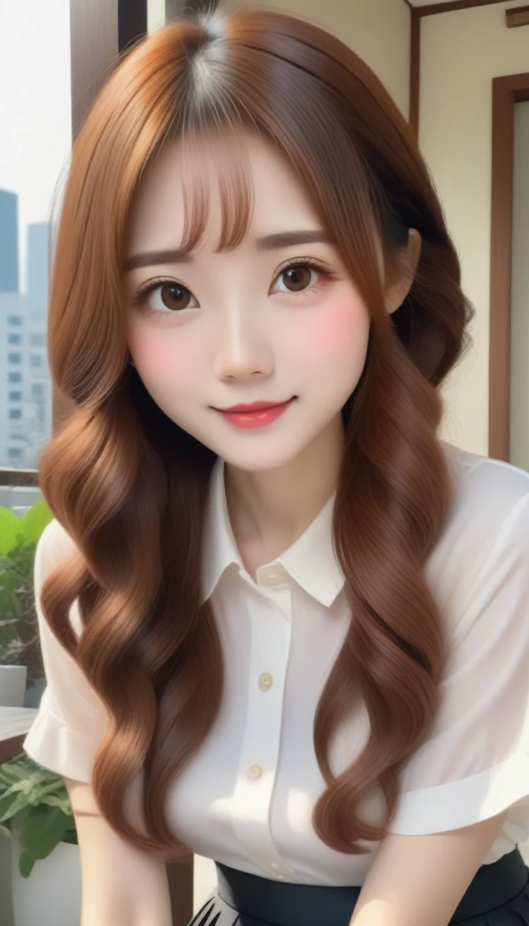blush a little and smile, (Top quality masterpiece:1.2) Delicate illustrations, Very detailed, /Beautiful woman in her 30s Japan、1 person,Very cute and slim、Great style 、((8K images、super high quality))、Very delicate face, Skin and Hair、beautifule forehead、Red lipstick、Long Hair,(((((Shortcuts、Gradient Hair、Brown Hair))))),Very cute Japanese cut face、Eyes and nose are clearly visible、Kind eyes,(((White blouse、Tight Skirt))),