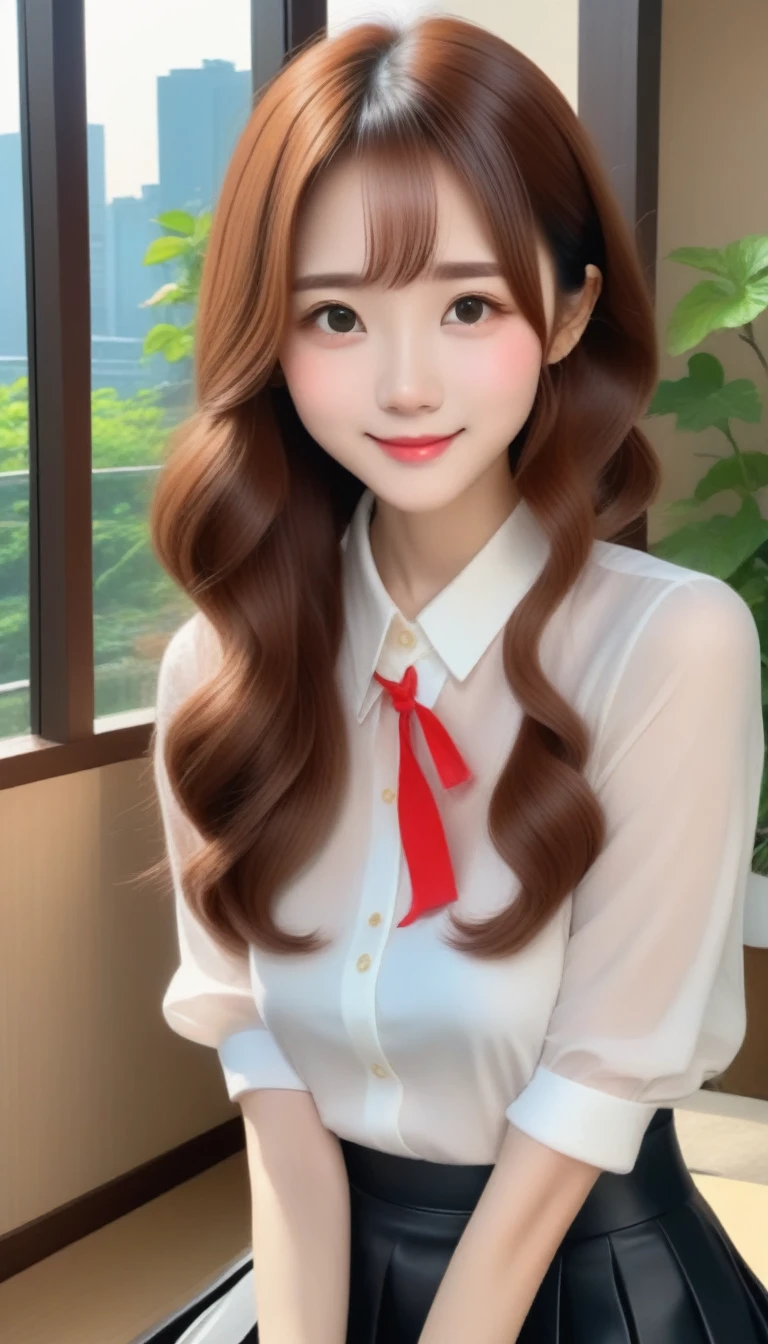 blush a little and smile, (Top quality masterpiece:1.2) Delicate illustrations, Very detailed, /Beautiful woman in her 30s Japan、1 person,Very cute and slim、Great style 、((8K images、super high quality))、Very delicate face, Skin and Hair、beautifule forehead、Red lipstick、Long Hair,(((((Shortcuts、Gradient Hair、Brown Hair))))),Very cute Japanese cut face、Eyes and nose are clearly visible、Kind eyes,(((White blouse、Tight Skirt))), 