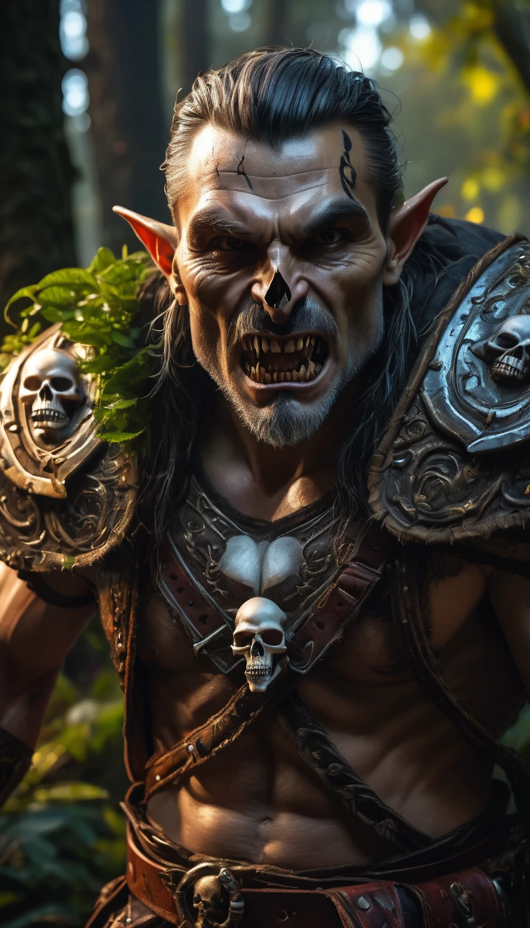 whole body, plano general:1.3, (Masterpiece:1.5),(Best Quality:1.6), (ultra high resolution:1.4), ((1 ogre alone, strong and robust, dynamic pose, with shoulder pads and leather bones, large and sharp fangs, leather belt with a skull:1.5)) , loincloth, Detailed illustration, intricate, idyllic, magical elves in the forest:1.5, landscape, colores Vibrants, sunrise, rayos de sol pasando a través de los trees, leaves falling from the trees, dew on leaves and plants, clouds, (( magical, beautiful, from another world, trees:1.4 )), (( Best Quality, Vibrant, 32k, clear, well-defined shadows)).(Best Quality,4k,8k,high resolution,Masterpiece:1.2),ultra detailed,(realist,photorealist,photo-realist:1.37),Very detailed face,extremely detailed facial features,textura de piel hiperrealist,extremely fine details,detalles intricates,detailed eyes,Detailed nose,detailed lips,detailed facial expressions,intricate facial anatomy,intense lighting,dramatic lighting,lighting change,cinematic lighting,chiaroscuro lighting,dramatic shadows,dramatic moments,vivid colors,intense colours,Deep contrast,cinematic depth of field,cinematographic composition,cinematic camera angle