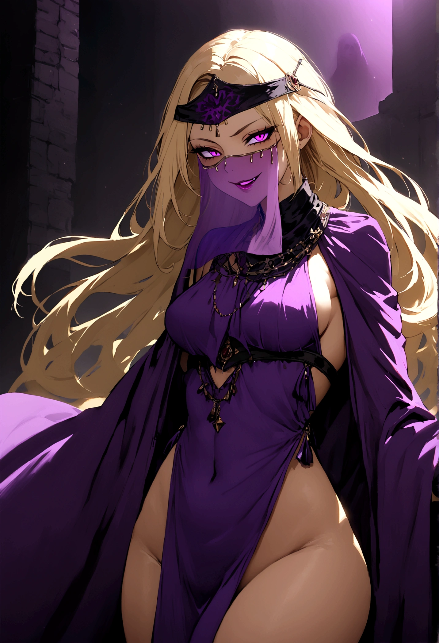 woman, cultist, long blond hair, mouth veil, perfect body, evil smile,  cultist cloak, seductive,cowboy shot, cultist clothes, purple clothes, devotion