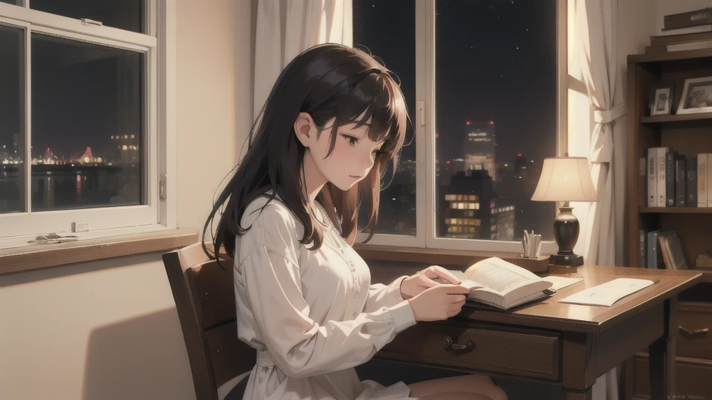 
LOFI　A woman is reading a book at a desk、Warm lighting　The time is 11pm　Dress relaxed　Night view in the window