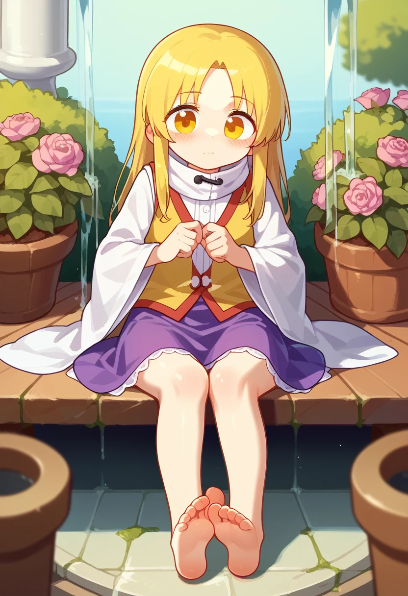 punctuation_9, no censure, fountain_anime BREAK moriya suwako, 1 girl, standing alone, gazing at viewer, blush, ssmile, chemise, overskirt, hair blonde, long sleeves, thicc thighs, ha, containment, cinta, cloused mouth, sitting down, white chemise, yellow  eyes, hair cinta, wide sleeves, white thicc thighs, vest, feet, red cinta, parted bangs, Toes, high collar, soles, without shoes, from low, foreshortening, purple overskirt, Pingo D&#39;water, brown hat, foco nos feet, Purple West, containment leaf, leaf umbrella
