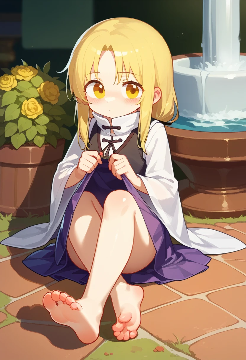 punctuation_9, no censure, fountain_anime BREAK moriya suwako, 1 girl, standing alone, gazing at viewer, blush, ssmile, chemise, overskirt, hair blonde, long sleeves, thicc thighs, ha, containment, cinta, cloused mouth, sitting down, white chemise, yellow  eyes, hair cinta, wide sleeves, white thicc thighs, vest, feet, red cinta, parted bangs, Toes, high collar, soles, without shoes, from low, foreshortening, purple overskirt, Pingo D&#39;water, brown hat, foco nos feet, Purple West, containment leaf, leaf umbrella
