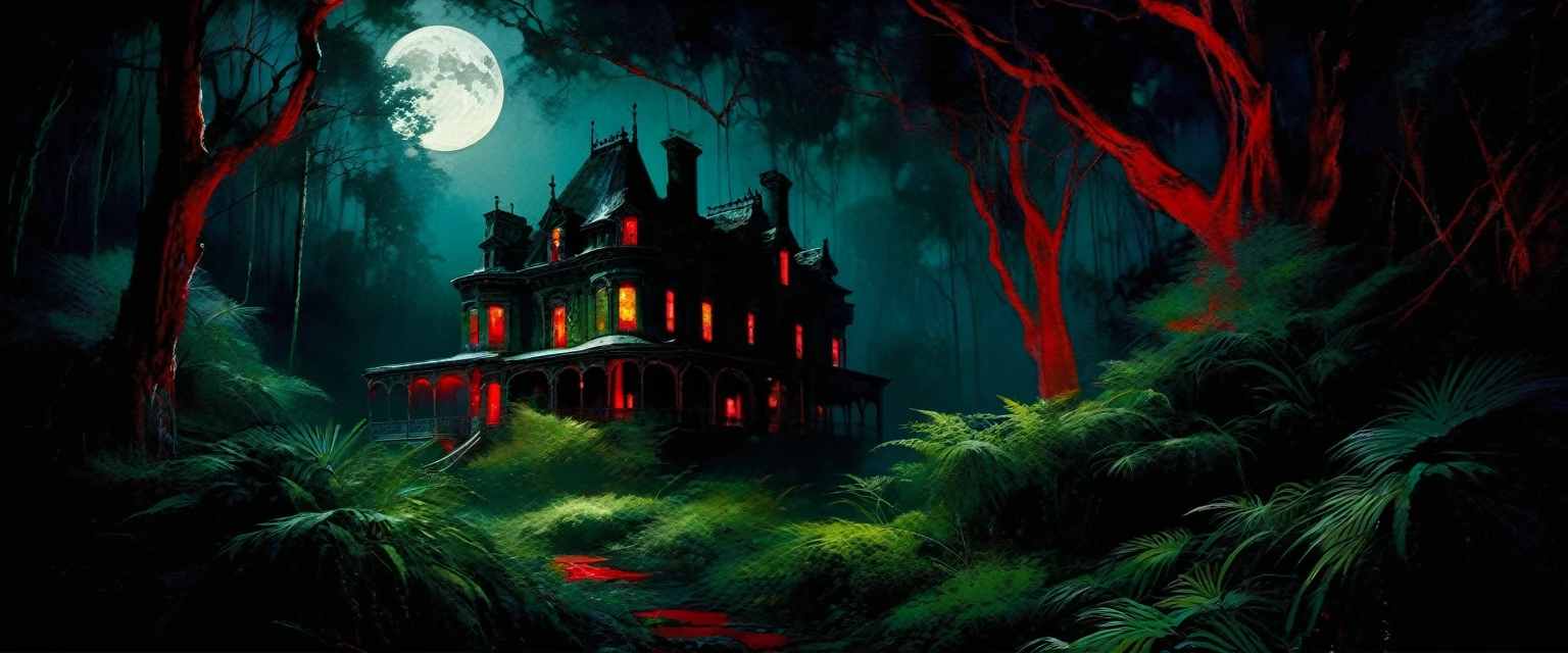 a decaying abandoned mansion in a lush overgrown forest, full moon glowing red in a dark night sky, shadowy wolf silhouettes prowling through the scene, twinkling stars, (best quality, 4k, 8k, highres, masterpiece:1.2), ultra-detailed,(realistic, photorealistic, photo-realistic:1.37), oil painting, intricate brushstrokes, dramatic lighting, dark moody atmosphere, chiaroscuro, Bill Sienkiewicz inspired art