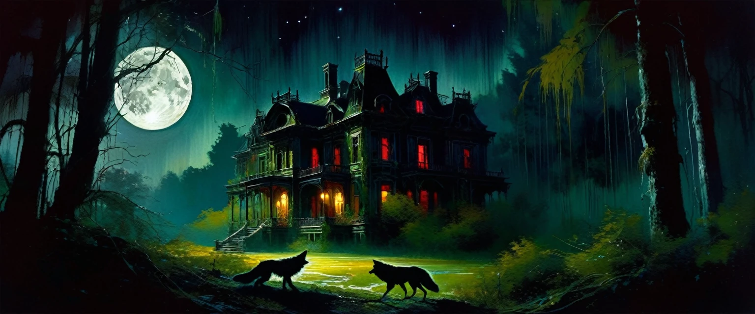 a decaying abandoned mansion in a lush overgrown forest, full moon glowing red in a dark night sky, shadowy wolf silhouettes prowling through the scene, twinkling stars, (best quality, 4k, 8k, highres, masterpiece:1.2), ultra-detailed,(realistic, photorealistic, photo-realistic:1.37), oil painting, intricate brushstrokes, dramatic lighting, dark moody atmosphere, chiaroscuro, Bill Sienkiewicz inspired art
