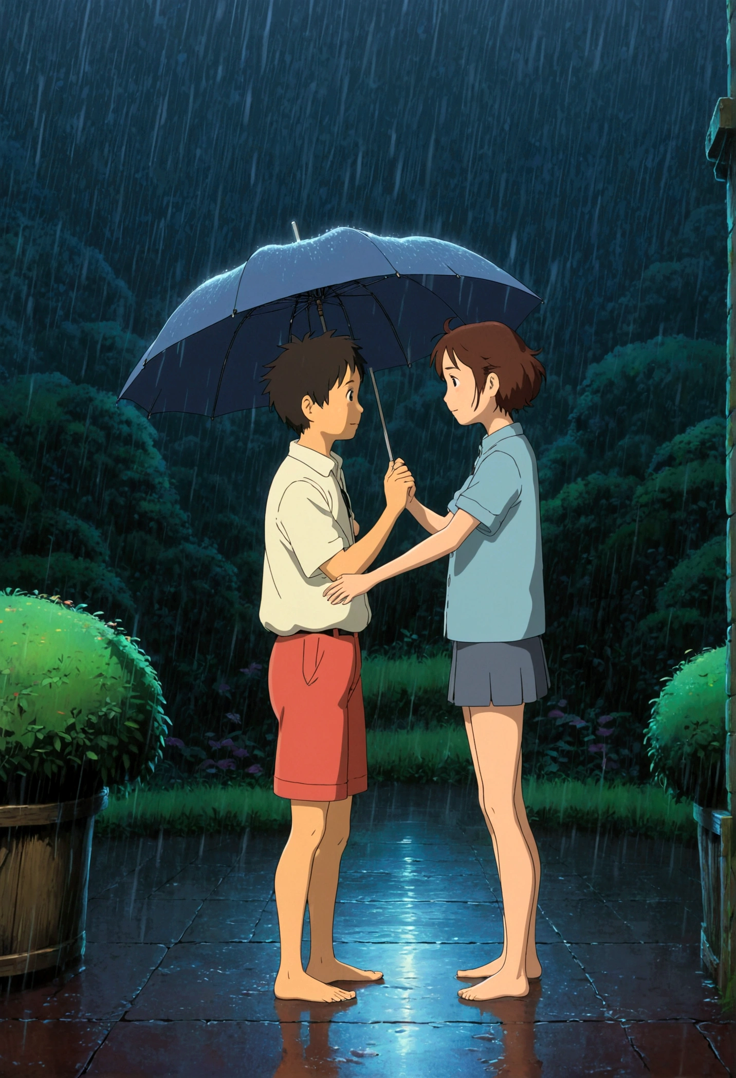 Dancing in the Rain, Studio Ghibli Style, Ghibli color, Miyazaki Hayao style, anime style, full body, cinematic still, cinemascope, best quality, masterpiece, very aesthetic, perfect composition, intricate details, ultra-detailed, vivid colors