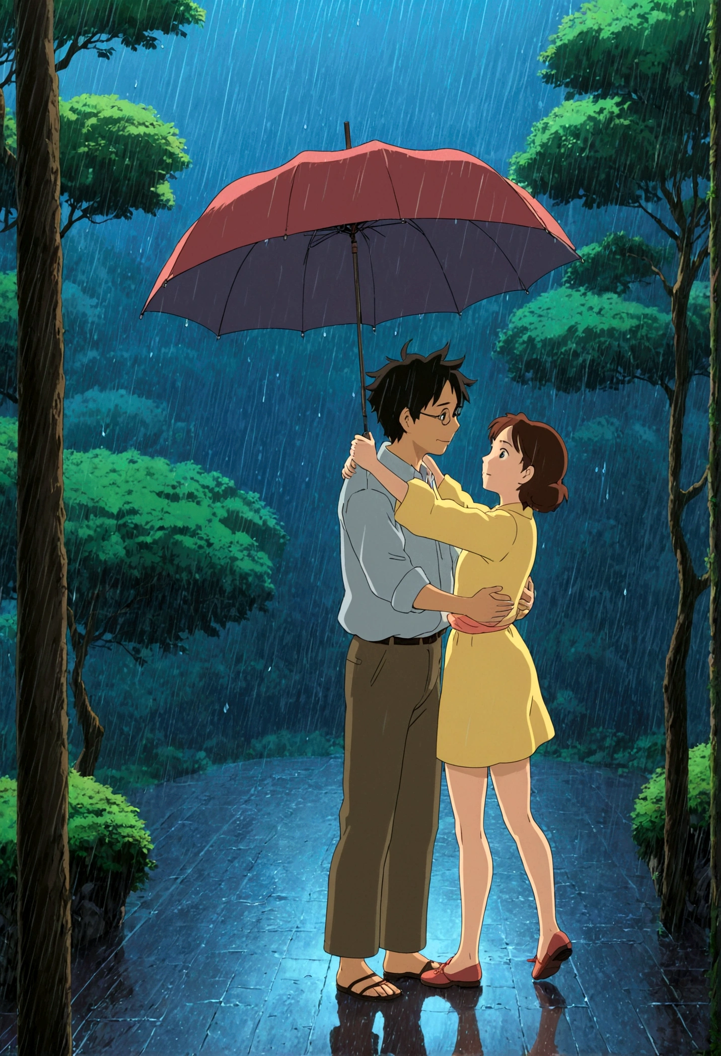 Dancing in the Rain, Studio Ghibli Style, Ghibli color, Miyazaki Hayao style, anime style, full body, cinematic still, cinemascope, best quality, masterpiece, very aesthetic, perfect composition, intricate details, ultra-detailed, vivid colors