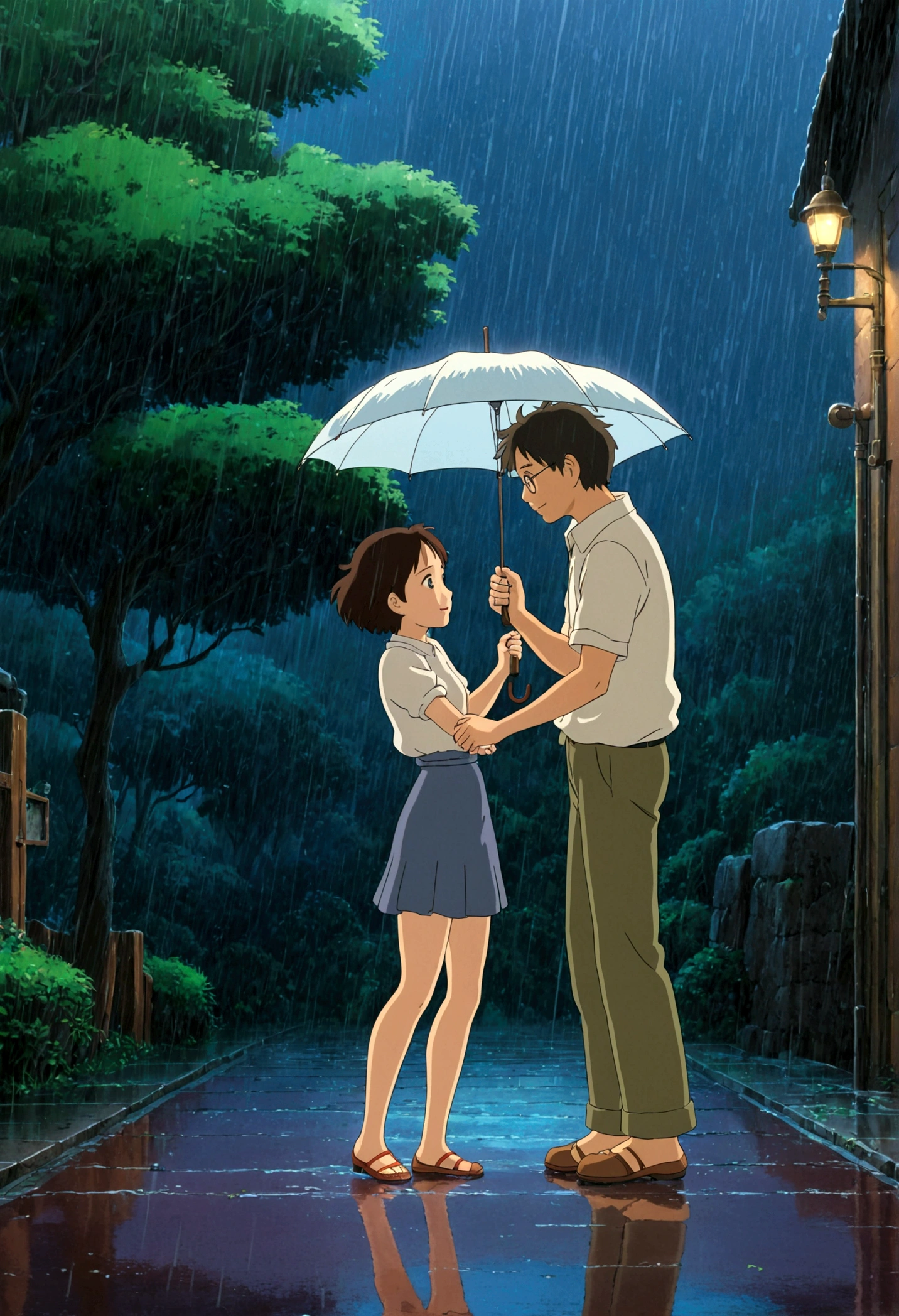 Dancing in the Rain, Studio Ghibli Style, Ghibli color, Miyazaki Hayao style, anime style, full body, cinematic still, cinemascope, best quality, masterpiece, very aesthetic, perfect composition, intricate details, ultra-detailed, vivid colors