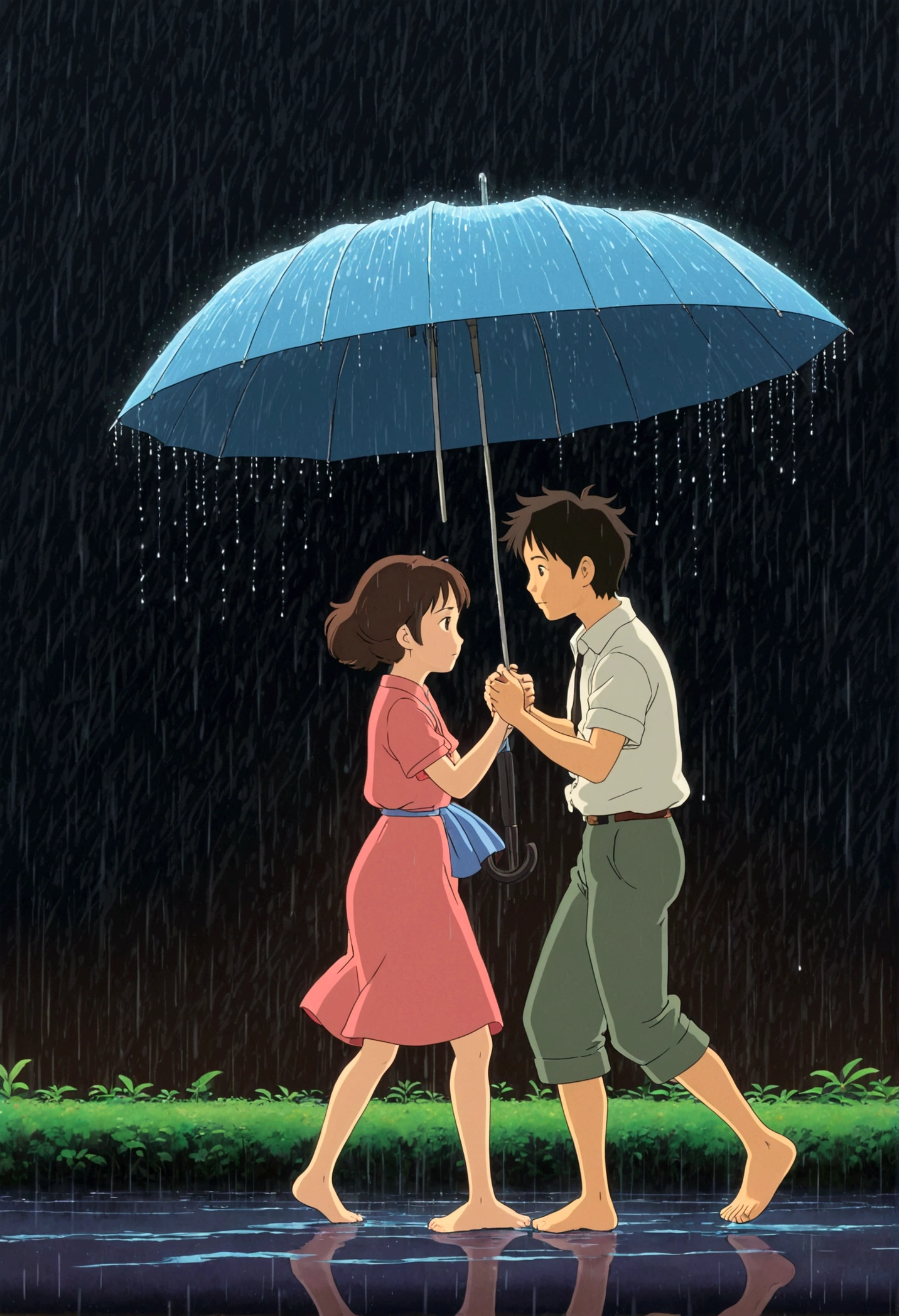 Dancing in the Rain, Studio Ghibli Style, Ghibli color, Miyazaki Hayao style, anime style, full body, cinematic still, cinemascope, best quality, masterpiece, very aesthetic, perfect composition, intricate details, ultra-detailed, vivid colors