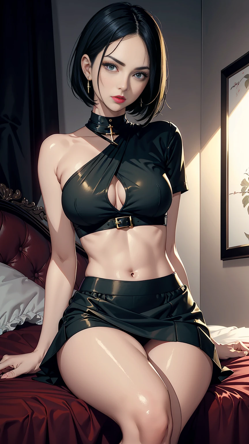 Beautiful woman with short straight black hair with green eyes wearing Black Tight Skirt, Sexy Criss Cross Mock Neck Short Sleeves Red Blouse, luxurious jewelry, 18k gold wedding ring on left hand, sitting on her bed with cross-legged, in her bedroom at night, (caucasian skin), (red lipstick), (elegant mascara), (slim body), (small breasts), (wide hips), midjourney, <lora:GoodHands-, <lora:GoodLegs-, UHD, high resolution, (expressive eyes, perfect face, full body, expressive face, perfect body, perfect pussy, athletic, fit, slim body, blushing, Perfect makeup, eyeliner, beautiful eyelashes, smiling, horny face), ((best illumination, best shadows)), ((sexy pose))