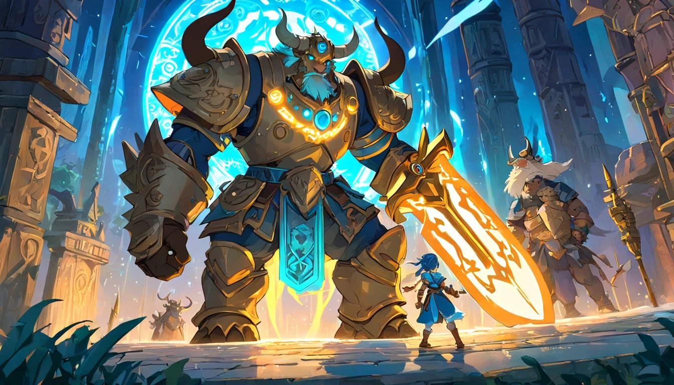 Ancient anime style, artbook, comicbook, RPG, futuristic medieval, steampunk.  A magical ice minotaur dwarf warrior, wearing battle armor with glowing magic markings, dynamic pose, full body, human face with glowing magical tribal tattoos with cool tones, minotaur features, metallic blue horns with glowing magic markings, minitaur tail , magical blue stone skin with glowing carved marks, glowing eyes, using a technological magic long ax with glowing magic circuits.  In a metropolis of a kingdom of an ancient civilization of dwarves with advanced technology, with tall buildings with neon details, mixing technology with magical vegetation, steampunk.  Wide scenery, cinematic scene with several layers of depth, dynamics, magical lighting.