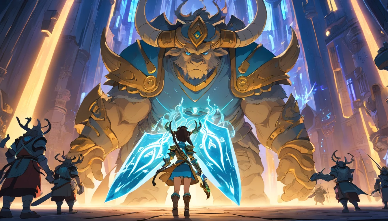 Ancient anime style, artbook, comicbook, RPG, futuristic medieval, steampunk. A magical ice minotaur dwarf warrior, wearing battle armor with glowing magic markings, dynamic pose, full body, human face with glowing magical tribal tattoos with cool tones, minotaur features, metallic blue horns with glowing magic markings, minitaur tail , magical blue stone skin with glowing carved marks, glowing eyes, using a technological magic long ax with glowing magic circuits. In a metropolis of a kingdom of an ancient civilization of dwarves with advanced technology, with tall buildings with neon details, mixing technology with magical vegetation, steampunk. Wide scenery, cinematic scene with several layers of depth, dynamics, magical lighting.