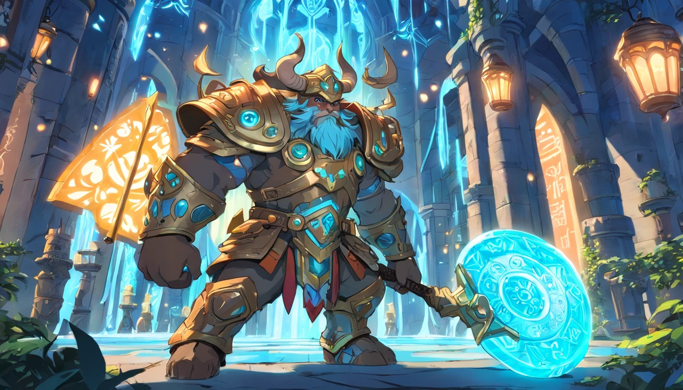 Ancient anime style, artbook, comicbook, RPG, futuristic medieval, steampunk.  A magical ice minotaur dwarf warrior, wearing battle armor with glowing magic markings, dynamic pose, full body, human face with glowing magical tribal tattoos with cool tones, minotaur features, metallic blue horns with glowing magic markings, minitaur tail , magical blue stone skin with glowing carved marks, glowing eyes, using a technological magic long ax with glowing magic circuits.  In a metropolis of a kingdom of an ancient civilization of dwarves with advanced technology, with tall buildings with neon details, mixing technology with magical vegetation, steampunk.  Wide scenery, cinematic scene with several layers of depth, dynamics, magical lighting.