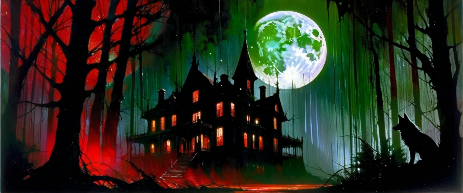 a decaying abandoned mansion in a lush overgrown forest, full moon glowing red in a dark night sky, shadowy wolf silhouettes prowling through the scene, twinkling stars, (best quality, 4k, 8k, highres, masterpiece:1.2), ultra-detailed,(realistic, photorealistic, photo-realistic:1.37), oil painting, intricate brushstrokes, dramatic lighting, dark moody atmosphere, chiaroscuro, Bill Sienkiewicz inspired art
