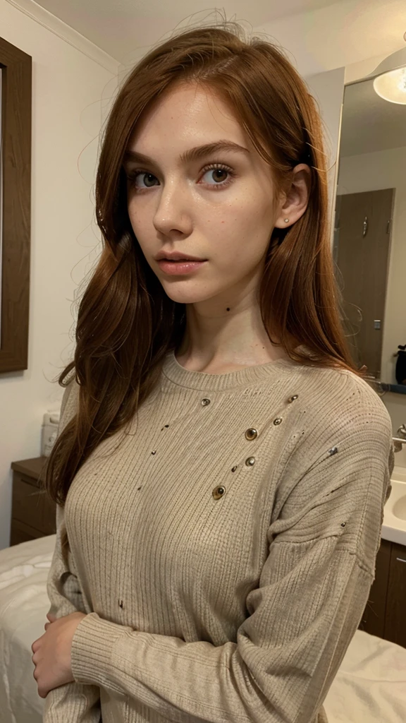 Teenage girl, ginger hair, superflat, very thin body, in sweater dress, very thin face, wide cheekbones, sharp chin, beautiful, super big lips