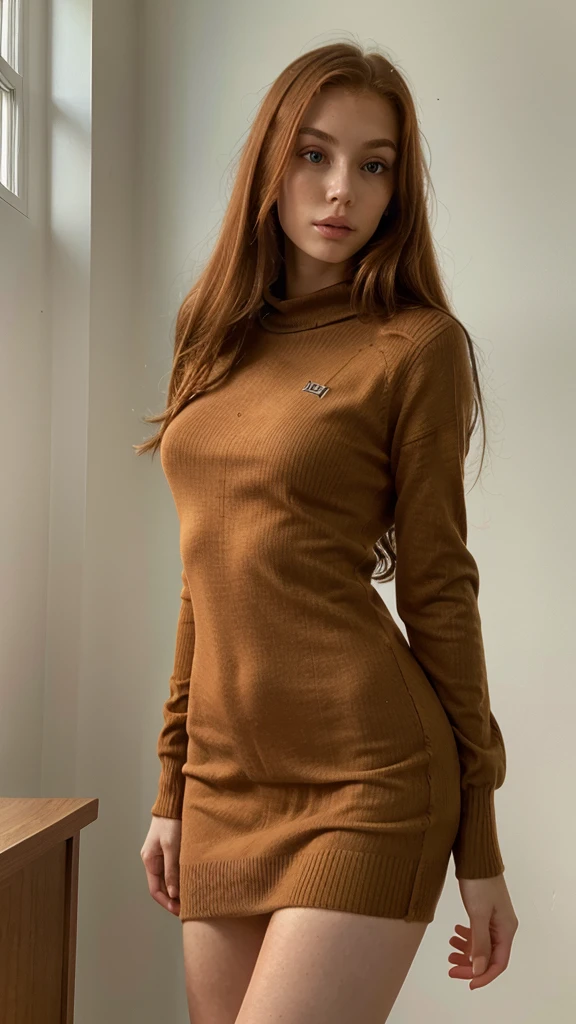 age girl, ginger hair, superflat, very thin body, in sweater dress, very thin face, wide cheekbones, sharp chin, beautiful, super big lips 