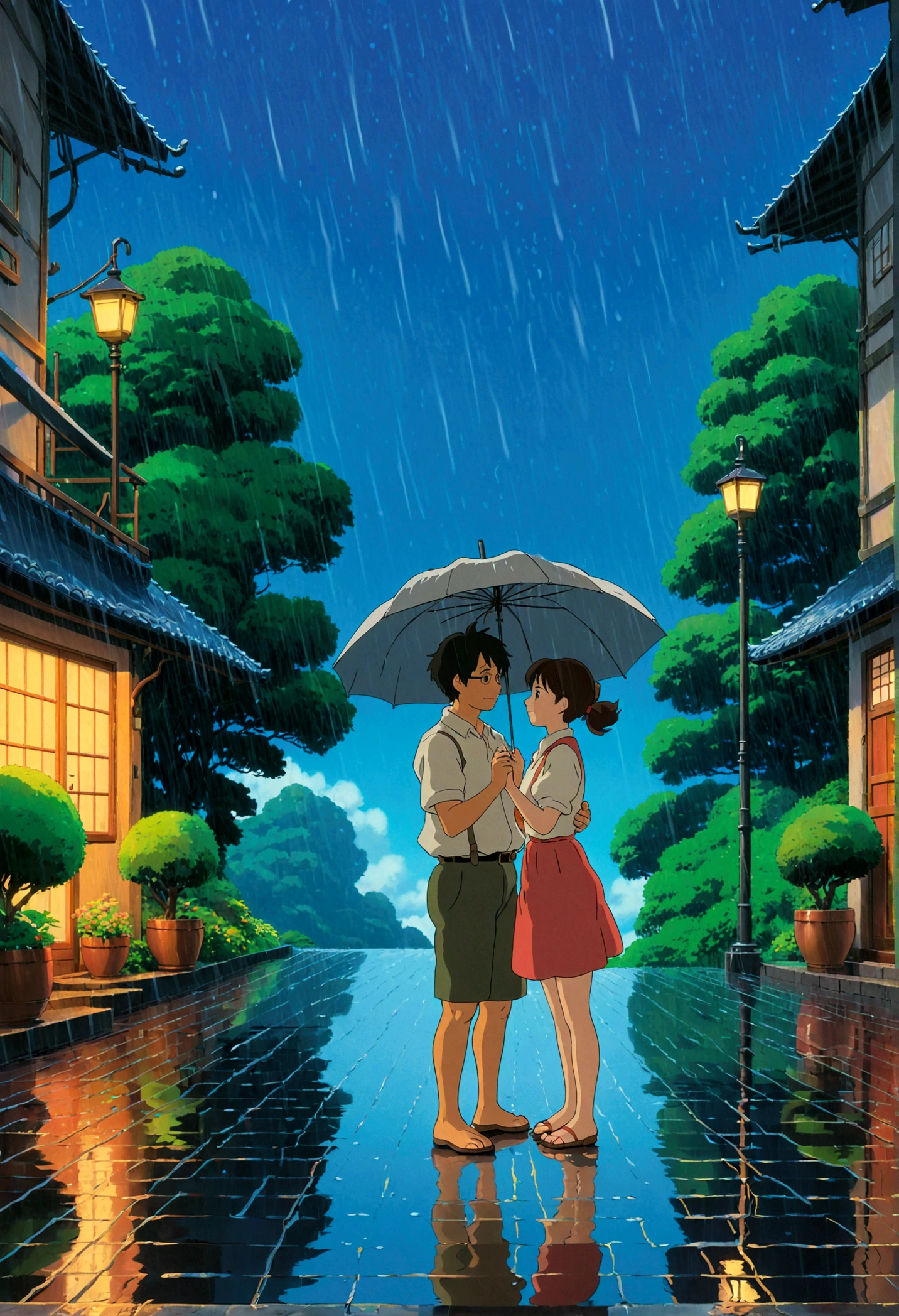 Dancing in the Rain, Studio Ghibli Style, Ghibli color, Miyazaki Hayao style, anime style, full body, cinematic still, cinemascope, best quality, masterpiece, very aesthetic, perfect composition, intricate details, ultra-detailed, vivid colors