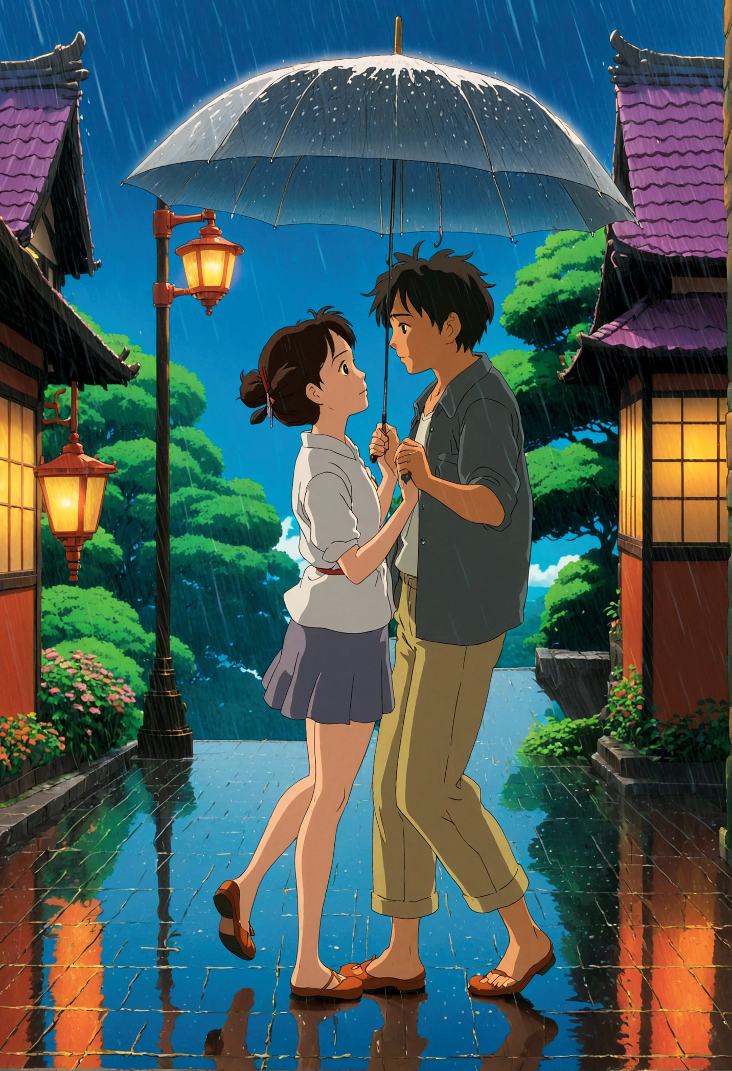 Dancing in the Rain, Studio Ghibli Style, Ghibli color, Miyazaki Hayao style, anime style, full body, cinematic still, cinemascope, best quality, masterpiece, very aesthetic, perfect composition, intricate details, ultra-detailed, vivid colors