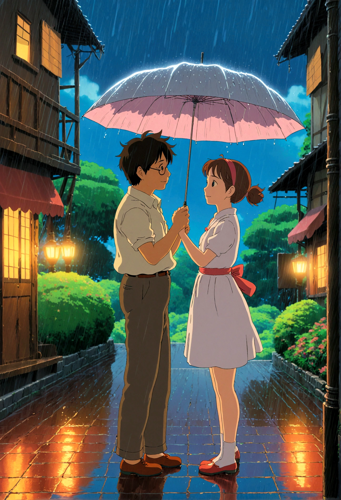 Dancing in the Rain, Studio Ghibli Style, Ghibli color, Miyazaki Hayao style, anime style, full body, cinematic still, cinemascope, best quality, masterpiece, very aesthetic, perfect composition, intricate details, ultra-detailed, vivid colors