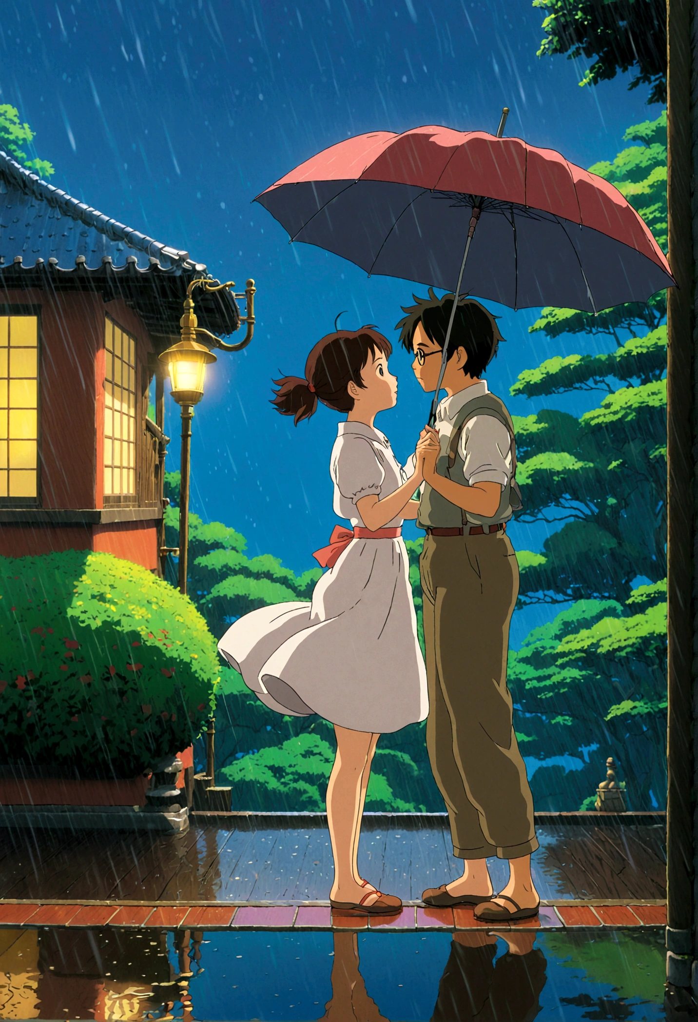 Dancing in the Rain, Studio Ghibli Style, Ghibli color, Miyazaki Hayao style, anime style, full body, cinematic still, cinemascope, best quality, masterpiece, very aesthetic, perfect composition, intricate details, ultra-detailed, vivid colors