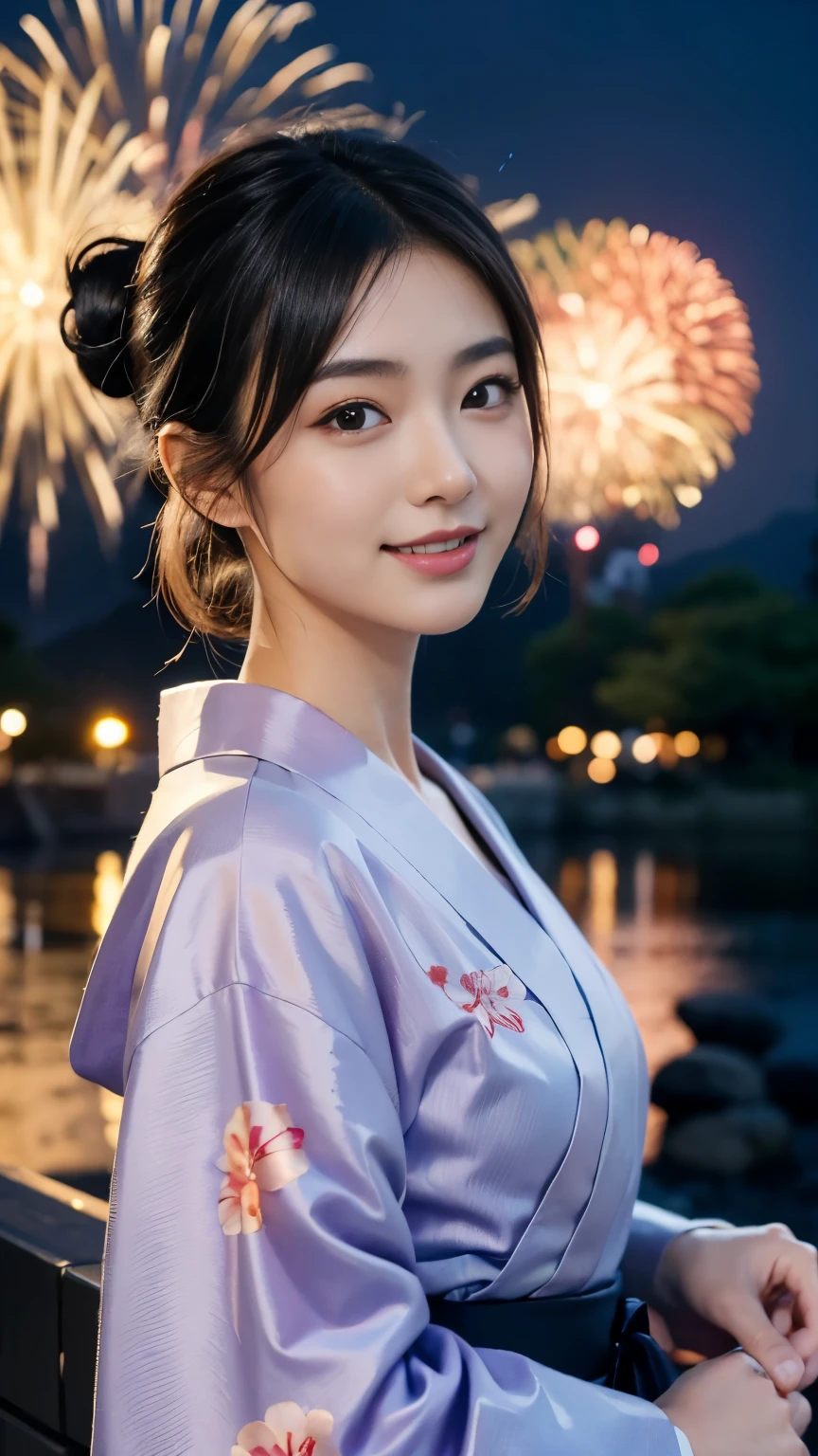 [super high quality,Masterpiece,Ultra high definition],((Japanese,woman,1 person,Super Beauty,Japanese beauty,A shy smile)),(seven-headed body,Model Body Type,Beautiful Skin,Dark brown eyes,a little sweaty),(Short Hair,Black Hair,Hair tied up),(A lustrous yukata,A light purple yukata with a floral pattern),Watching fireworks in the night sky