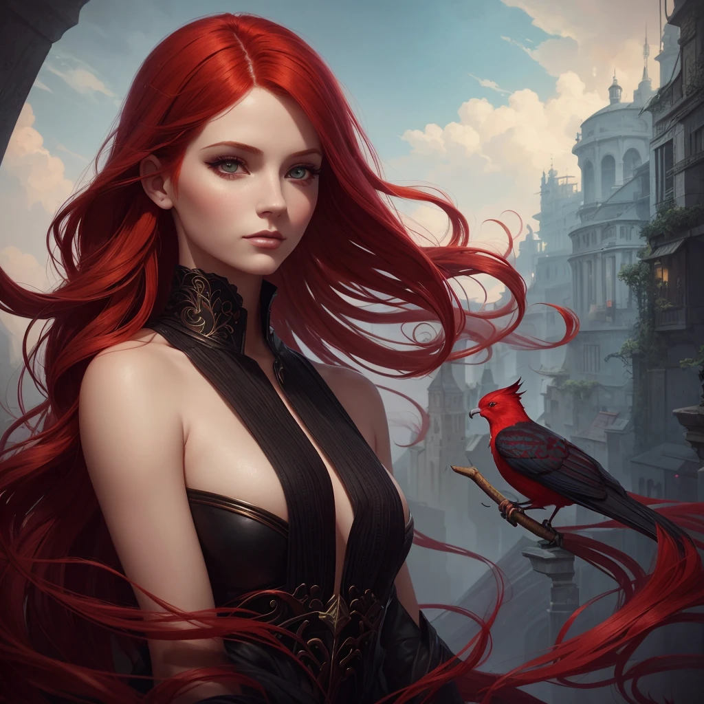 there is a woman with red hair and a bird in her hair, stylized urban fantasy artwork, stunning digital illustration, beautiful fantasy art portrait, a beautiful artwork illustration, charlie bowater rich deep colors, artstyle tom bagshaw, beautiful digital illustration, beautiful fantasy portrait, portrait of a dark fantasy nymph, exquisite digital illustration, in style of anna dittmann