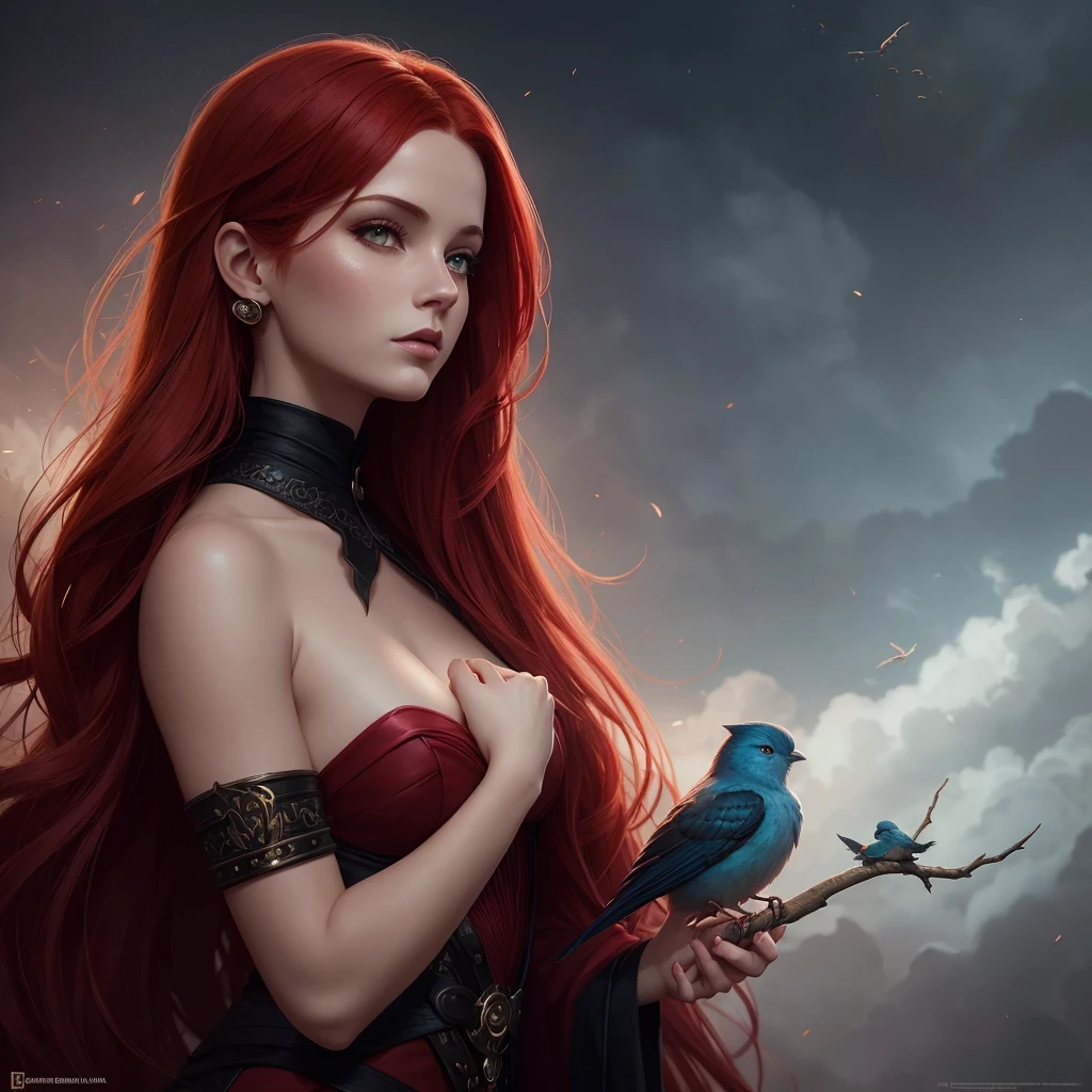 there is a woman with red hair and a bird in her hair, stylized urban fantasy artwork, stunning digital illustration, beautiful fantasy art portrait, a beautiful artwork illustration, charlie bowater rich deep colors, artstyle tom bagshaw, beautiful digital illustration, beautiful fantasy portrait, portrait of a dark fantasy nymph, exquisite digital illustration, in style of anna dittmann