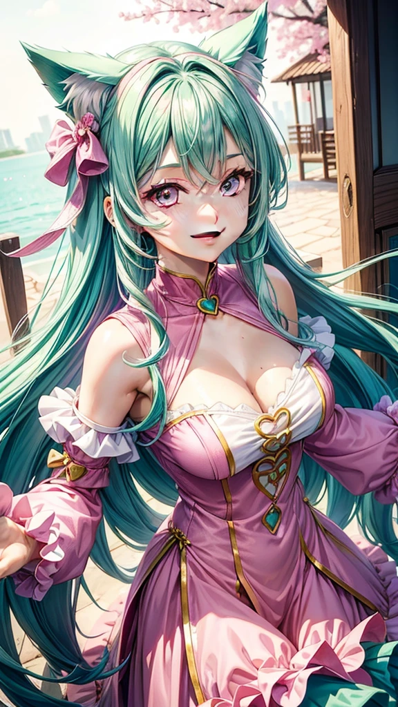 (( Pink green hair color)), pink eyes, woman, teal blue gold clothes,happy face, sexy outfit, cat ears, hearts, floating hearts, face only,  long hair, smiling, hair ornament, up close face,  sexy clothes, sexy women , closed mouth smile, up close face, hair bows l