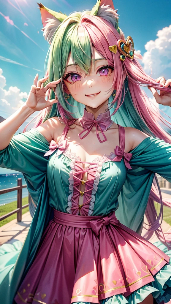 (( Pink green hair color)), pink eyes, woman, teal blue gold clothes,happy face, sexy outfit, cat ears, hearts, floating hearts, face only, long hair, smiling, hair ornament, up close face, sexy clothes, sexy women , closed mouth smile, up close face, hair bows l