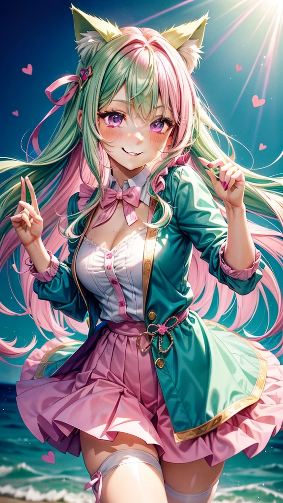 (( Pink green hair color)), pink eyes, woman, teal blue gold clothes,happy face, sexy outfit, cat ears, hearts, floating hearts, face only, long hair, smiling, hair ornament, up close face, sexy clothes, sexy women , closed mouth smile, up close face, hair bows l