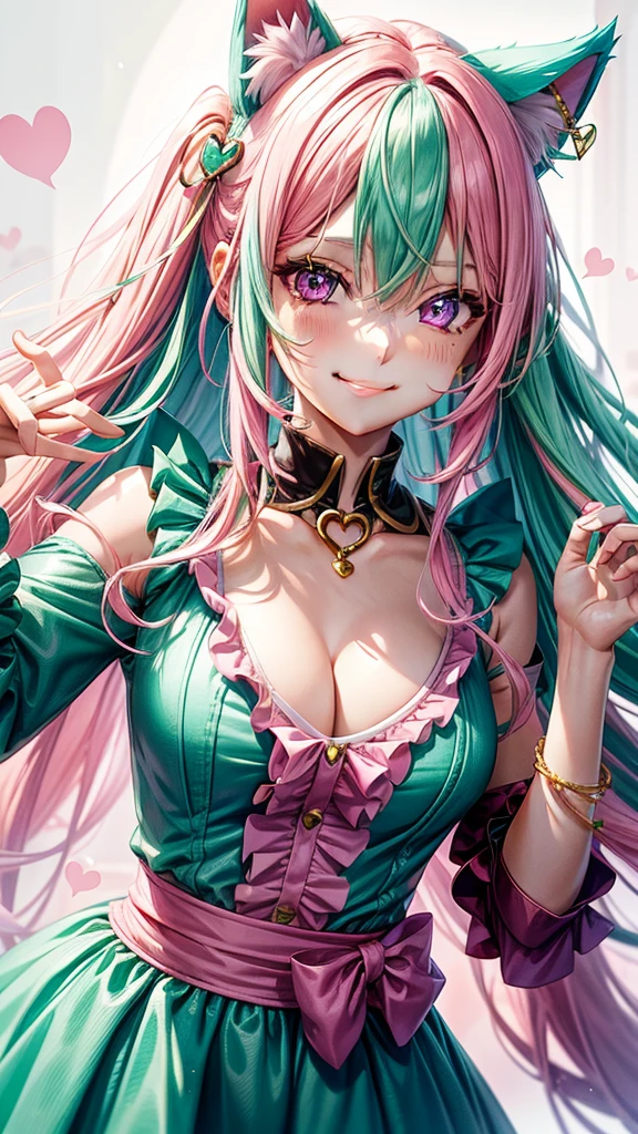 (( Pink green hair color)), pink eyes, woman, teal blue gold clothes,happy face, y outfit, cat ears, hearts, floating hearts, face only, long hair, smiling, hair ornament, up close face, sexlothes, sexy wn , closed mouth smile, up close face, hair bows l