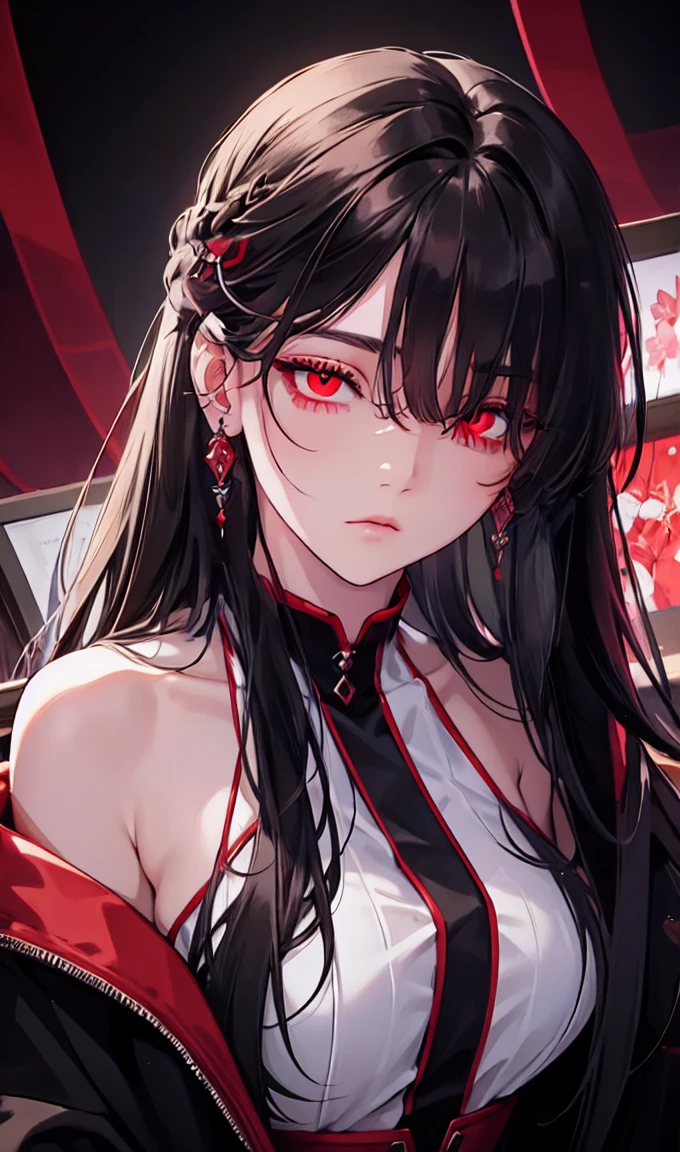 1girl, earrings, solo,lips, female focus, red eyes, looking at viewer, black hair, long hair, closed mouth