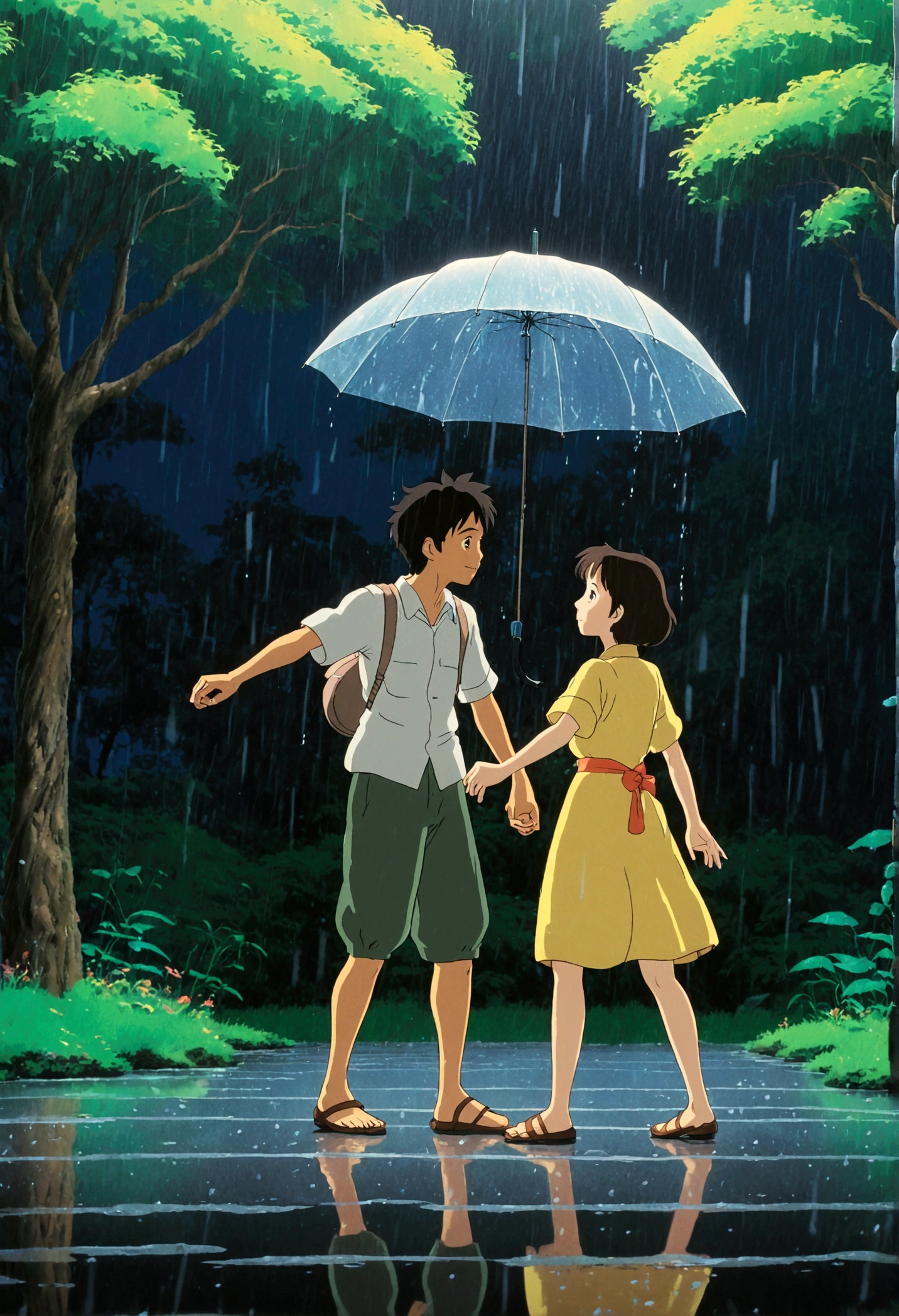 Dancing in the Rain, Studio Ghibli Style, Ghibli color, Miyazaki Hayao style, anime style, full body, cinematic still, cinemascope, best quality, masterpiece, very aesthetic, perfect composition, intricate details, ultra-detailed, vivid colors