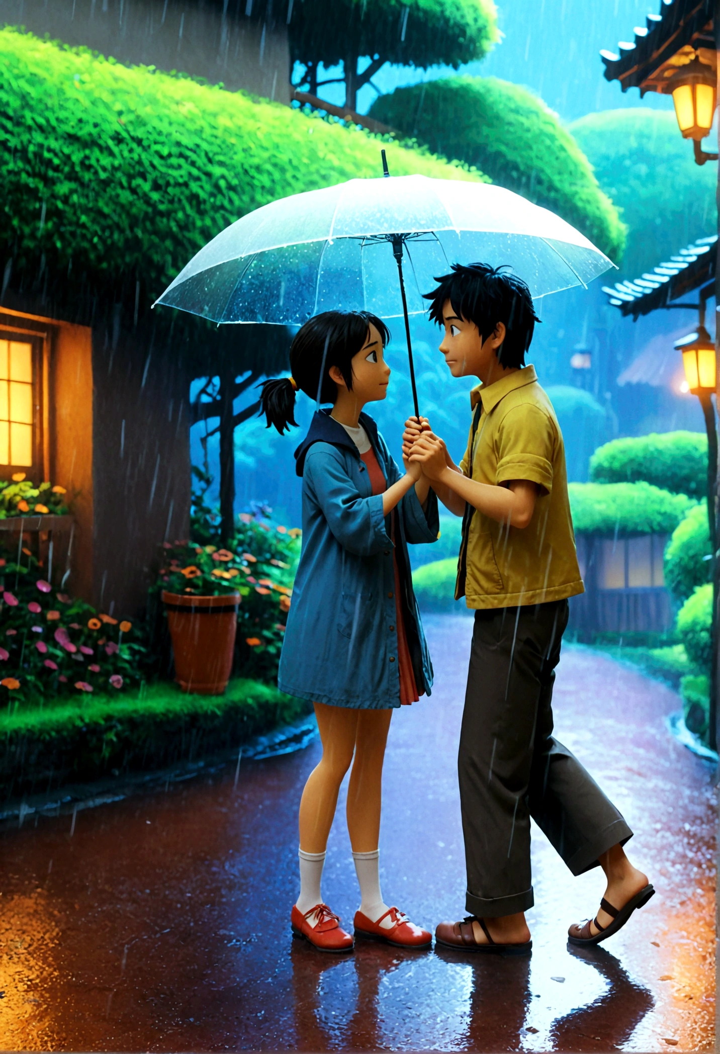 Dancing in the Rain, Studio Ghibli Style, Ghibli color, Miyazaki Hayao style, anime style, full body, cinematic still, cinemascope, best quality, masterpiece, very aesthetic, perfect composition, intricate details, ultra-detailed, vivid colors