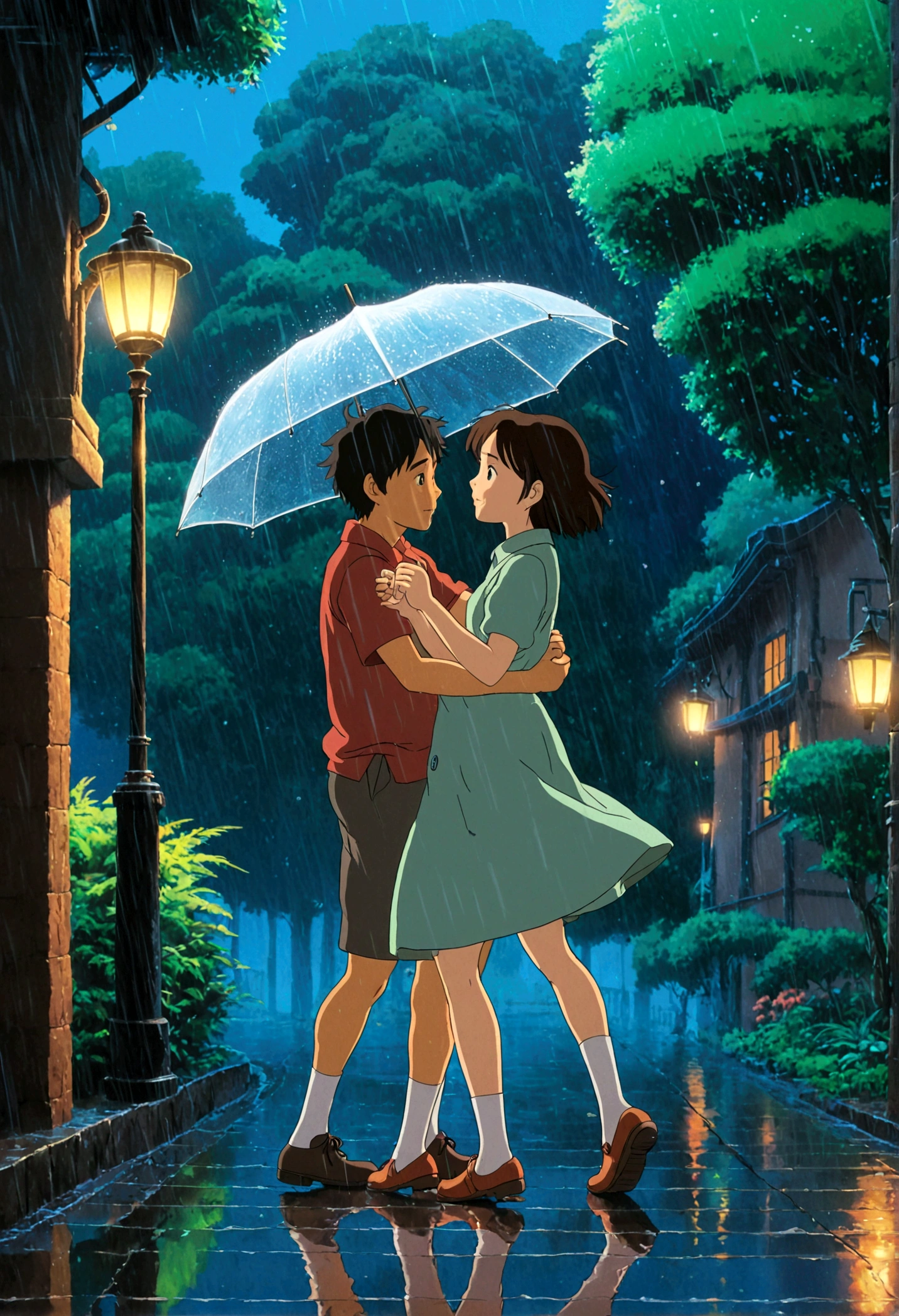 Dancing in the Rain, Studio Ghibli Style, Ghibli color, Miyazaki Hayao style, anime style, full body, cinematic still, cinemascope, best quality, masterpiece, very aesthetic, perfect composition, intricate details, ultra-detailed, vivid colors