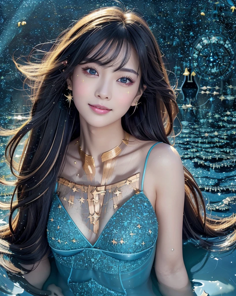 (Highest quality, 32k, High resolution, masterpiece:1.5,), marimo_jet, god々A photograph with a bright glow and healing power., Expressing emotions, Have a rich imagination, Beautiful Japanese Girl, An exceptionally beautiful face, Small Face Beauty, Close-up shot, Getting naked in the pool, (Above water level Above chest height:1.3), ((Right facing:1.3)), Perfect Human Anatomy, Magical big eyes, Motherhood and generosity, Deep Love, fleeting smile, ((Hair that shines like the starry sky:1.8)), Super Long Straight Silk Hair, Asymmetrical bangs, Hair between the eyes, transparent, Soft white skin, Sharp eyebrows, Thin lashes, Natural Makeup, Cheek highlighter, Pale pink lips, High resolutionの完璧な鎖骨, High resolutionの美しい胸元, Slim figure and ample breasts, blue night, The water surface reflects the moon and shines, sparkling light effect, Professional Lighting, Professional Photographer, Professional Model, god秘的