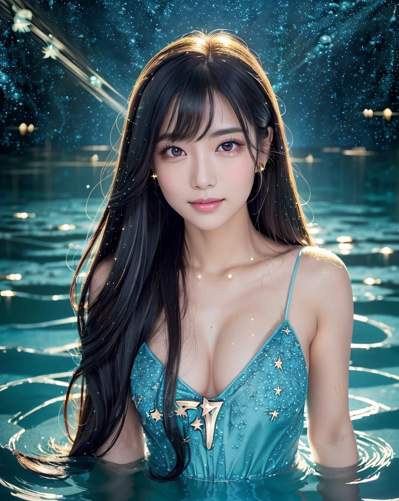 (Highest quality, 32k, High resolution, masterpiece:1.5,), marimo_jet, god々A photograph with a bright glow and healing power., Expressing emotions, Have a rich imagination, Beautiful Japanese Girl, An exceptionally beautiful face, Small Face Beauty, Close-up shot, Getting naked in the pool, (Above water level Above chest height:1.3), ((Right facing:1.3)), Perfect Human Anatomy, Magical big eyes, Motherhood and generosity, Deep Love, fleeting smile, ((Hair that shines like the starry sky:1.8)), Super Long Straight Silk Hair, Asymmetrical bangs, Hair between the eyes, transparent, Soft white skin, Sharp eyebrows, Thin lashes, Natural Makeup, Cheek highlighter, Pale pink lips, High resolutionの完璧な鎖骨, High resolutionの美しい胸元, Slim figure and ample breasts, blue night, The water surface reflects the moon and shines, sparkling light effect, Professional Lighting, Professional Photographer, Professional Model, god秘的