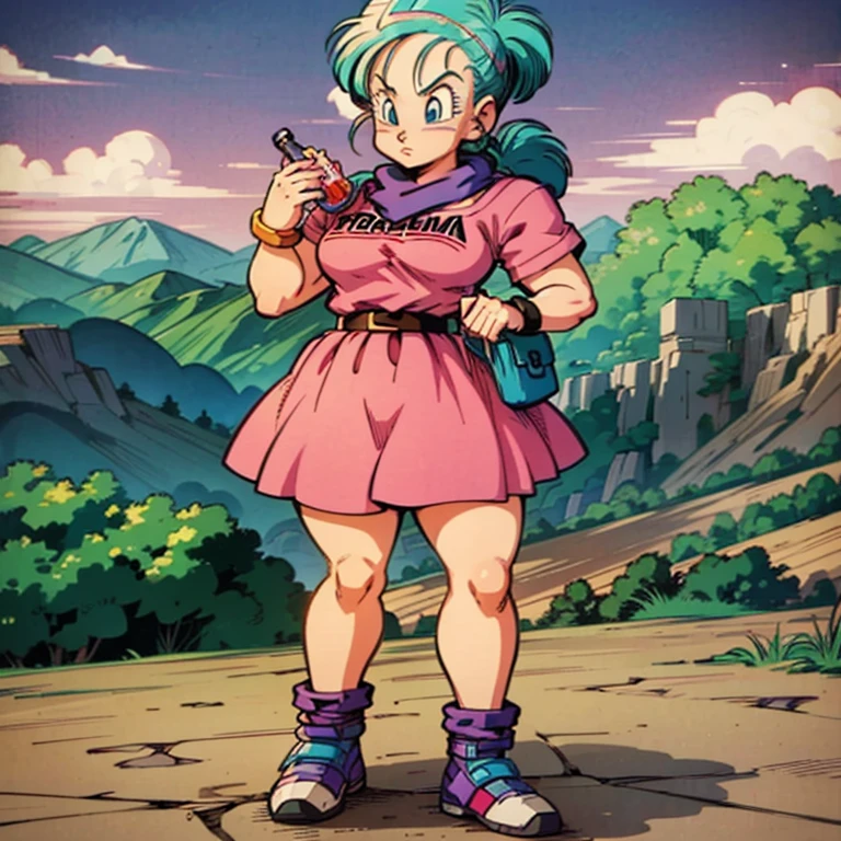 a cartoon of a woman in a pink dress holding a bottle, bulma from dragon ball, inspired by CHAMBA, by theCHAMBA, chica saiyajin, in the art style of 80s anime, female protagonist 👀 :8, Official Art, Akira Toriyama style, 80s anime art style, by Okada Beisanjin