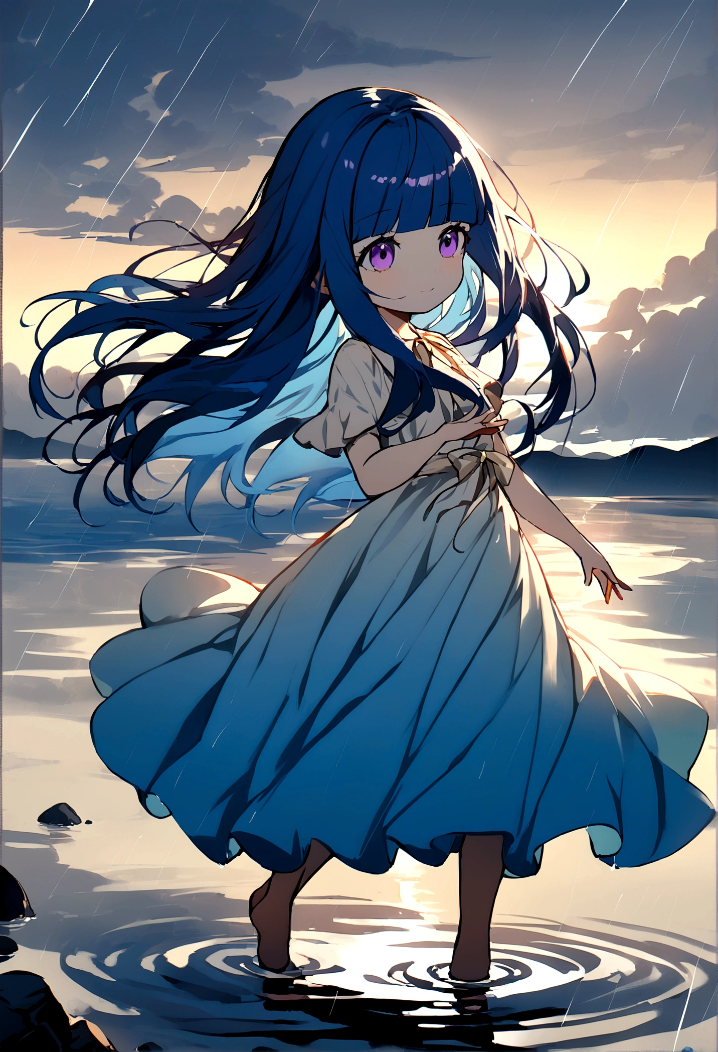 1 Girl, alone, Blue Hair, Purple eyes, Long Hair, blunt bangs, bangs, chibi, dawn, Seaside, (rain), Girl, (dance), Water&#39;s Edge, Flowing Dresses, Sky Color, reflection, rainの中のジャンプ, splash, joy, Sense of liberation, Dramatic atmosphere, Light and shadow contrast, The sound of the sea, Harmony with Nature